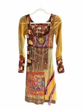 VTG Y2K SAVE THE QUEEN Mesh Midi Dress Fringe Beads RARE S